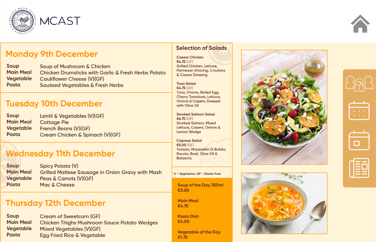 Noticeboard food menu screen