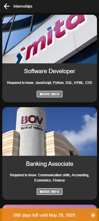 Mobile app internships screen